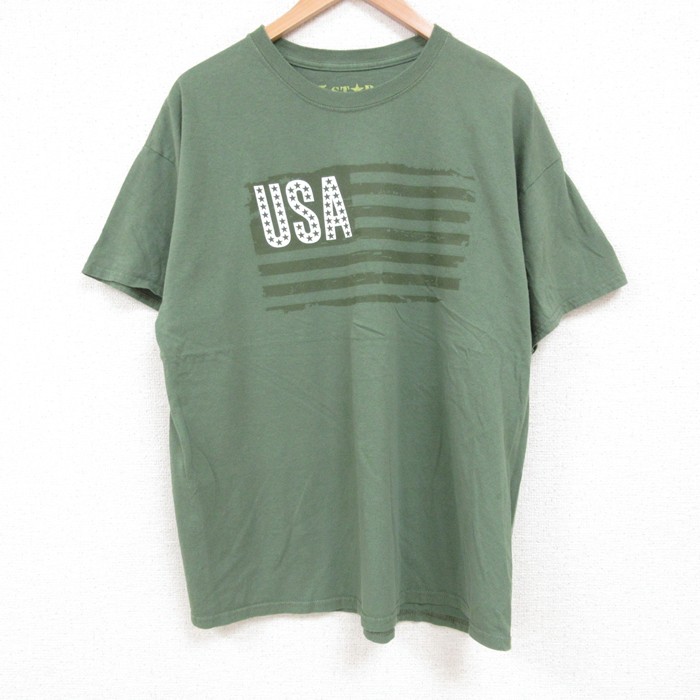L★古着 半袖 Tシャツ メンズ USAロゴ コットン クルーネック 薄緑 グリーン 25jul14 中古