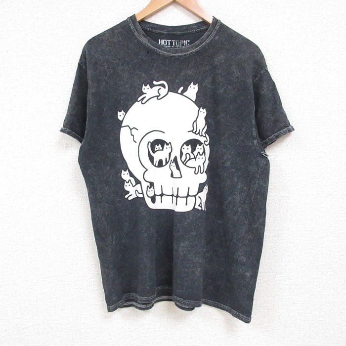 L★古着 半袖 Tシャツ メンズ スカル コットン クルーネック 黒 ブラック 25jul14 中古