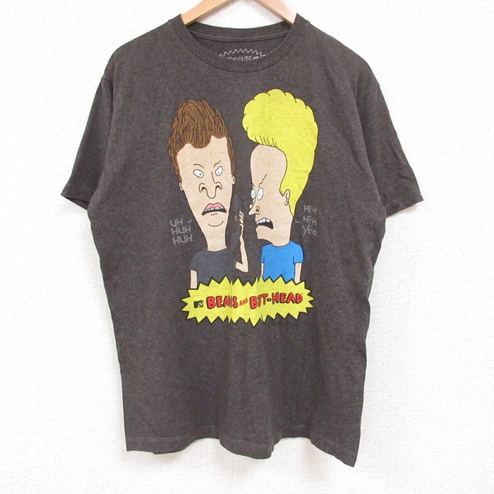 L★古着 半袖 Tシャツ メンズ アニメ ビーバスアンドバットヘッド クルーネック 濃グレー 霜降り 25jul14 中古