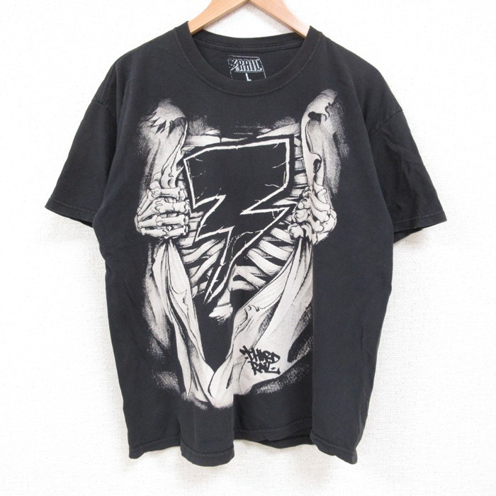 L★古着 半袖 Tシャツ メンズ スケルトン コットン クルーネック 黒 ブラック 25jul14 中古