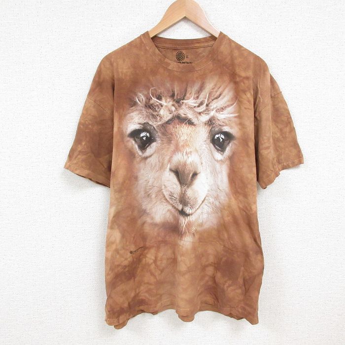 XL★古着 半袖 Tシャツ メンズ ヒツジ 大きいサイズ コットン クルーネック 薄茶 ブラウン タイダイ 25jul09 中古