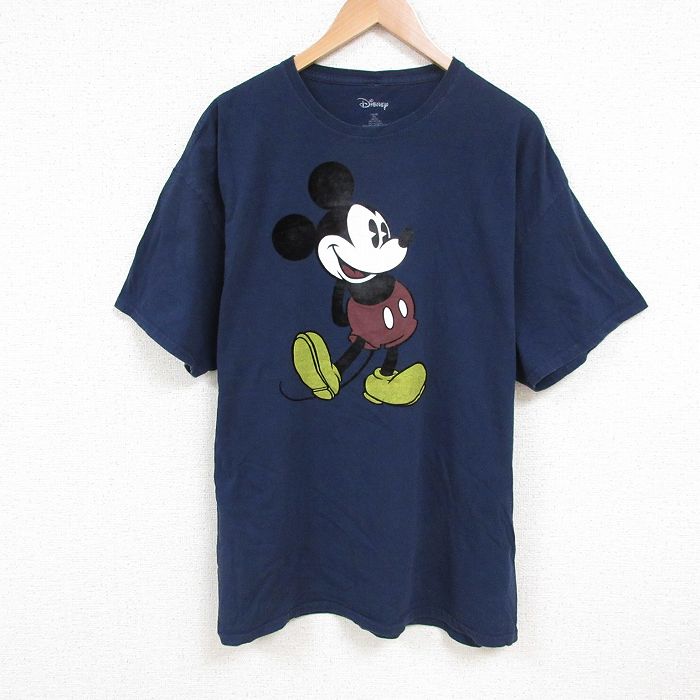 XL★古着 半袖 Tシャツ メンズ ディズニー DISNEY ミッキー MICKEY MOUSE 大きいサイズ コットン クルーネック 紺 ネイビー 25jul09 中古