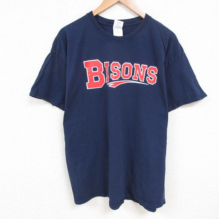 XL★古着 半袖 Tシャツ メンズ BISONS 大きいサイズ コットン クルーネック 紺 ネイビー 25jul09 中古