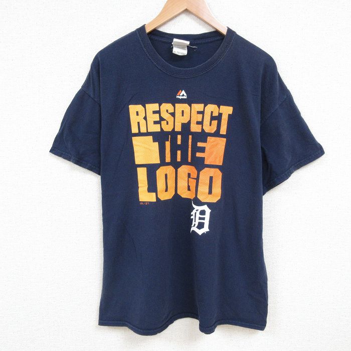 XL★古着 マジェスティック 半袖 Tシャツ メンズ MLBデトロイトタイガース 大きいサイズ コットン クルーネック 紺 ネイビー メジャーリーグ ベースボール 野球 25jul09 中古