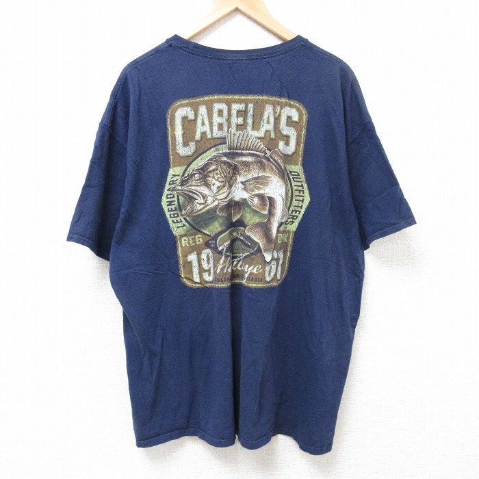 【20%OFF】XL★古着 半袖 Tシャツ メンズ カベラス 魚 大きいサイズ コットン クルーネック 紺 ネイビー 25jul09 中古