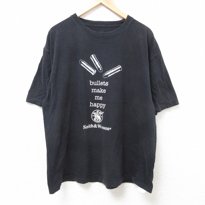 XL★古着 半袖 Tシャツ メンズ 弾丸 大きいサイズ コットン クルーネック 黒 ブラック 25jul09 中古