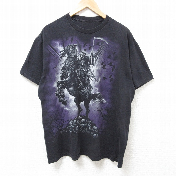 XL★古着 半袖 Tシャツ メンズ スケルトン 大きいサイズ クルーネック 黒 ブラック 25jul09 中古