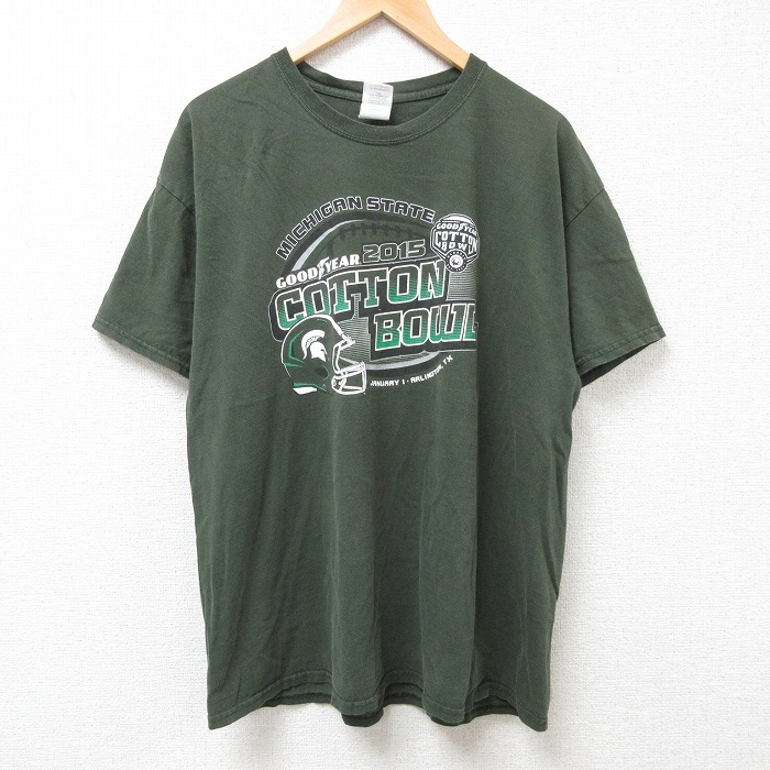 XL★古着 半袖 Tシャツ メンズ フットボール コットン クルーネック 濃緑 グリーン 25jul09 中古