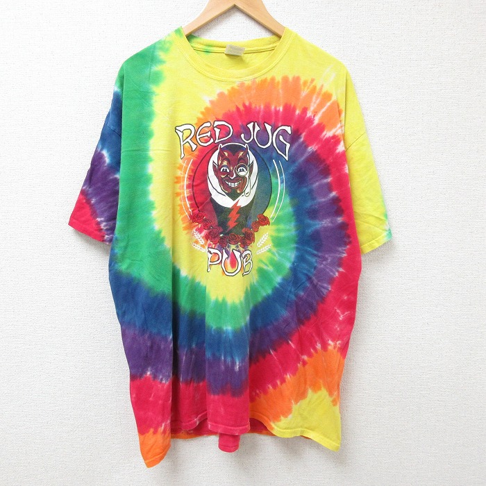 XL★古着 半袖 Tシャツ メンズ デビル 大きいサイズ コットン クルーネック 黄他 イエロー タイダイ 25jul09 中古