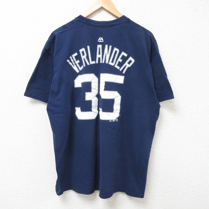XL★古着 マジェスティック 半袖 Tシャツ メンズ MLBデトロイトタイガース ジャスティンバーランダー 35 大きいサイズ コットン クルーネック 紺 ネイビー メジャーリーグ ベースボール 野球 25jul09 中古