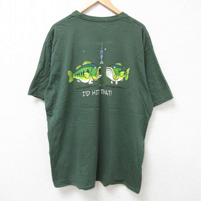 XL★古着 半袖 Tシャツ メンズ 魚 大きいサイズ コットン クルーネック 濃緑 グリーン 25jul09 中古