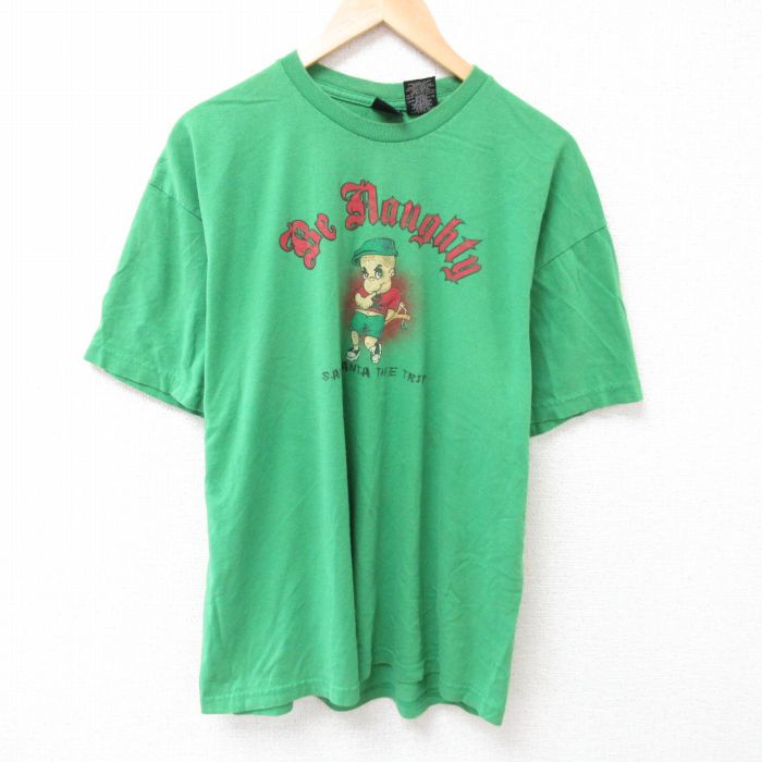 XL★古着 半袖 Tシャツ メンズ 子供 コットン クルーネック 緑 グリーン 25jul12 中古