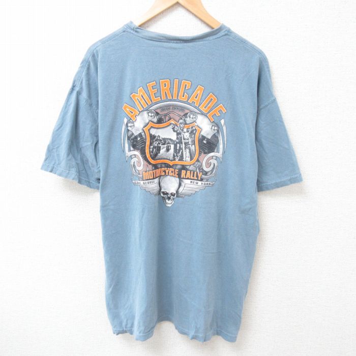 XL★古着 半袖 Tシャツ メンズ スカル 大きいサイズ コットン クルーネック 薄紺 ネイビー 25jul12 中古