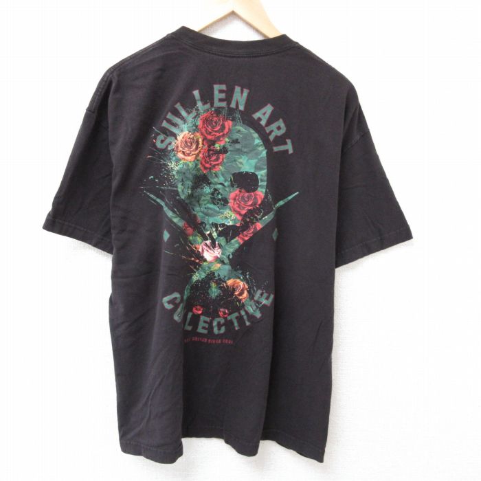 【50%OFF】XL★古着 半袖 Tシャツ メンズ スカル コットン クルーネック 黒 ブラック 25jul12 中古