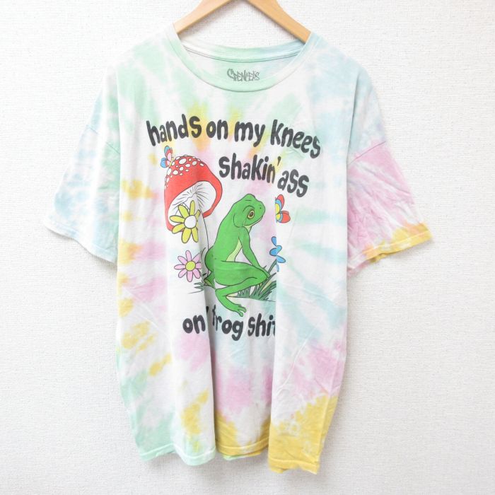 XL★古着 半袖 Tシャツ メンズ カエル キノコ 大きいサイズ コットン クルーネック 白他 ホワイト タイダイ 25jul12 中古