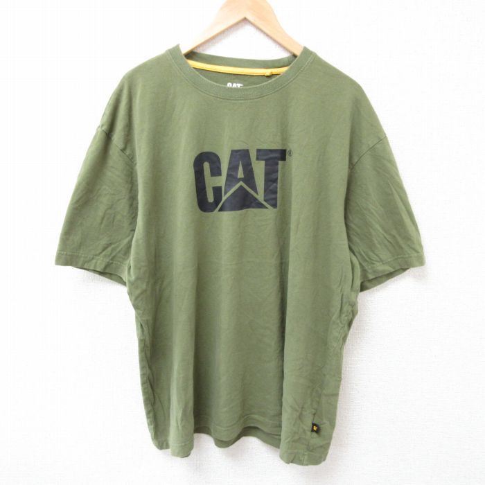 XL★古着 半袖 Tシャツ メンズ CAT 大きいサイズ コットン クルーネック 濃緑 グリーン 25jul12 中古