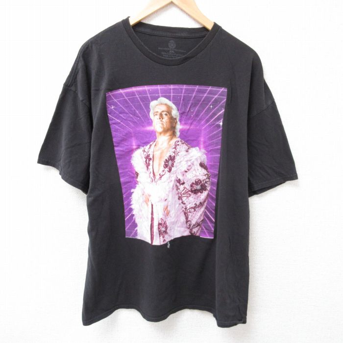 XL★古着 半袖 Tシャツ メンズ ワールドプロレスリング リックフレアー 大きいサイズ コットン クルーネック 黒 ブラック 25jul12 中古