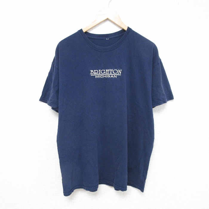 XL★古着 半袖 Tシャツ メンズ ミシガン 刺繍 クルーネック 紺 ネイビー 25jul15 中古