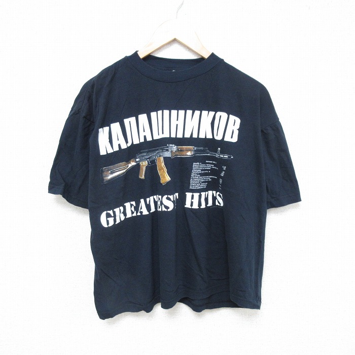 【20%OFF】XL★古着 半袖 Tシャツ メンズ マシンガン コットン クルーネック 濃紺 ネイビー 25jul15 中古