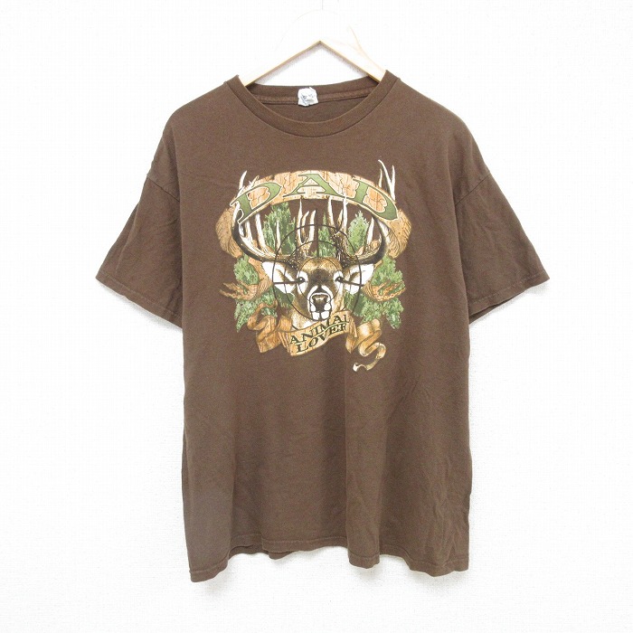 XL★古着 半袖 Tシャツ メンズ シカ コットン クルーネック 茶 ブラウン 25jul15 中古