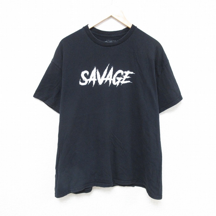XL★古着 半袖 Tシャツ メンズ SAVAGE コットン クルーネック 黒 ブラック 25jul15 中古