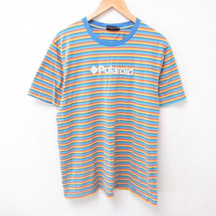 XL★古着 半袖 Tシャツ メンズ ポラロイド 刺繍 コットン クルーネック 水色他 ボーダー 25jul15 中古