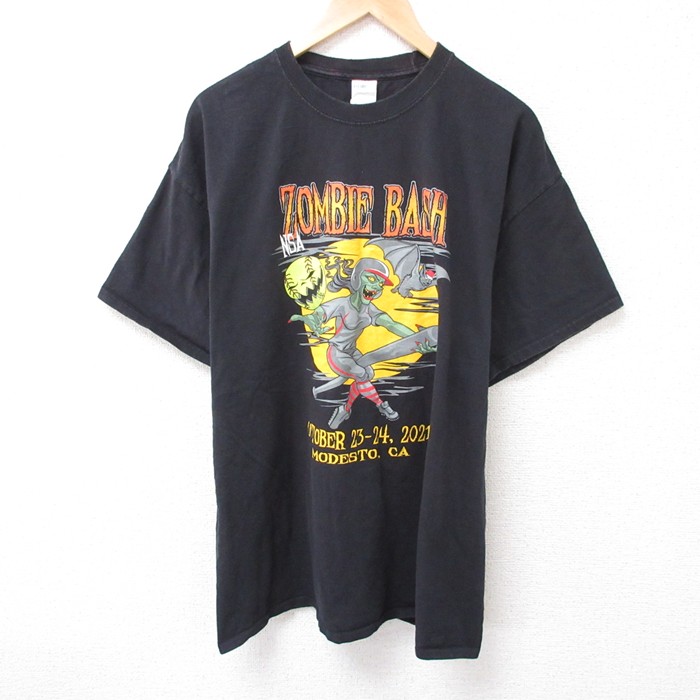 XL★古着 半袖 Tシャツ メンズ ゾンビバシュ 大きいサイズ コットン クルーネック 黒 ブラック 25jul15 中古