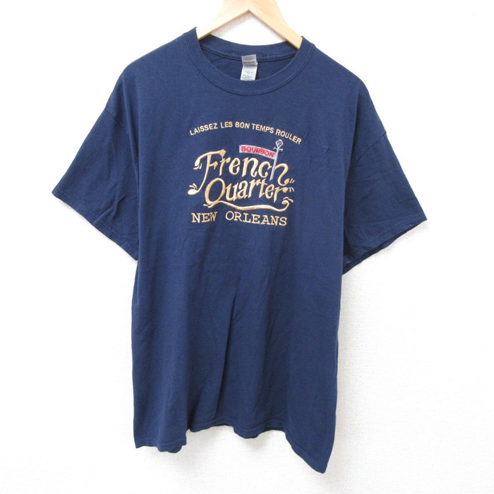XL★古着 半袖 Tシャツ メンズ ニューオリンズ 刺繍 コットン クルーネック 紺 ネイビー 25jul15 中古