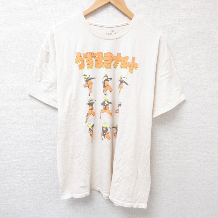XL★古着 半袖 Tシャツ メンズ アニメ ナルト疾風伝 うずまきナルト コットン クルーネック ベージュ カーキ 25jul15 中古