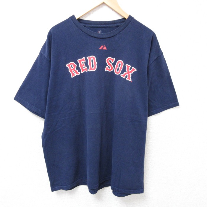 XL★古着 マジェスティック 半袖 Tシャツ メンズ MLB ボストンレッドソックス 大きいサイズ コットン クルーネック 紺 ネイビー メジャーリーグ ベースボール 野球 25jul17 中古