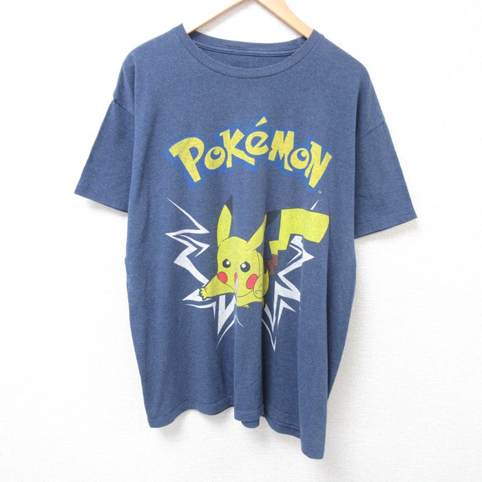 XL★古着 半袖 Tシャツ メンズ アニメ ポケットモンスター ポケモン ピカチュー 大きいサイズ クルーネック 薄紺 ネイビー 霜降り 25jul17 中古
