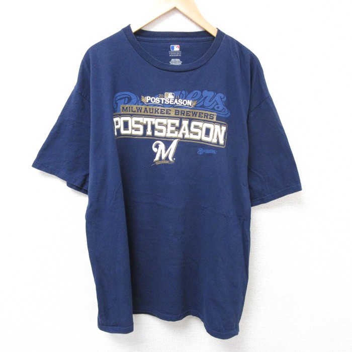 XL★古着 半袖 Tシャツ メンズ MLB ミルウォーキーブルワーズ 大きいサイズ コットン クルーネック 紺 ネイビー メジャーリーグ ベースボール 野球 25jul17 中古