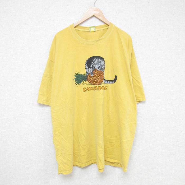 XL★古着 Crazy Shirts 半袖 Tシャツ メンズ クリバンキャット 大きいサイズ ロング丈 コットン クルーネック 黄 イエロー 25jul17 中古