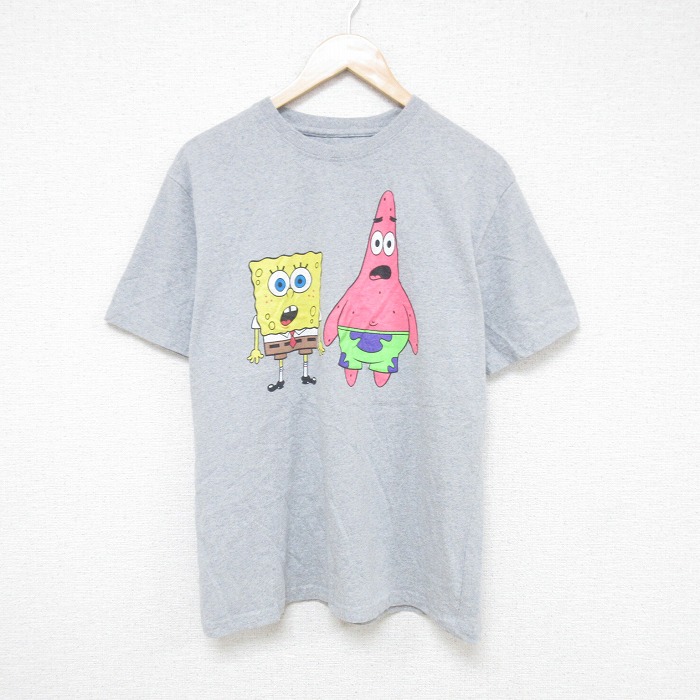 L★古着 半袖 Tシャツ メンズ アニメ ニコロデン スポンジボブ クルーネック グレー 霜降り 25jul17 中古
