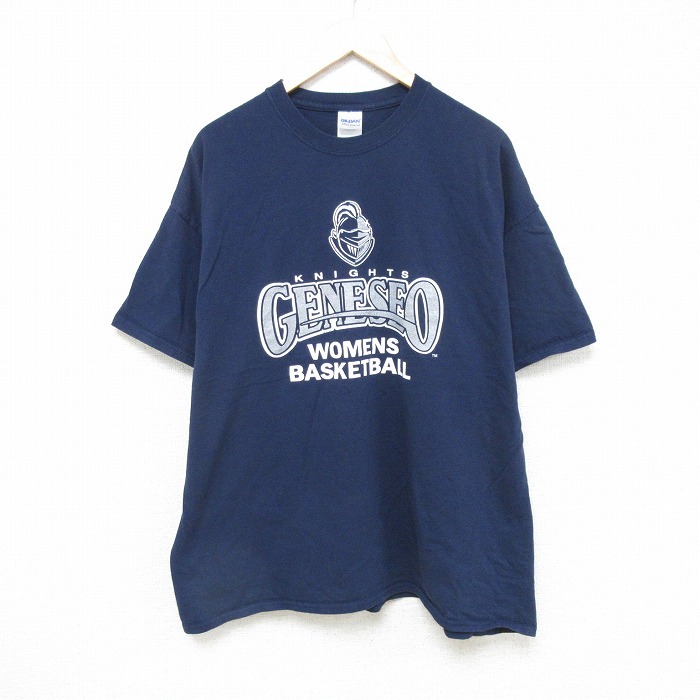 XL★古着 半袖 Tシャツ メンズ バスケットボール 大きいサイズ コットン クルーネック 紺 ネイビー 25jul18 中古