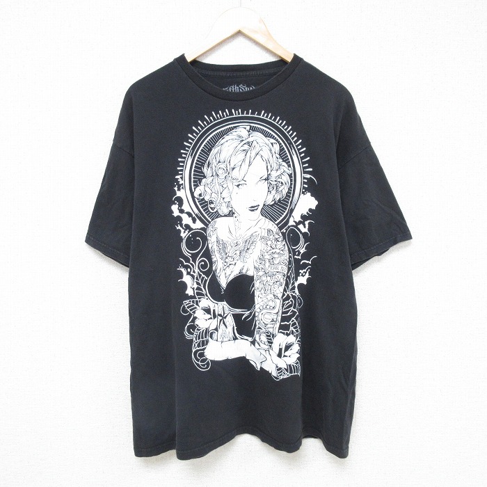 XL★古着 半袖 Tシャツ メンズ タトゥー コットン クルーネック 黒 ブラック 25jul18 中古