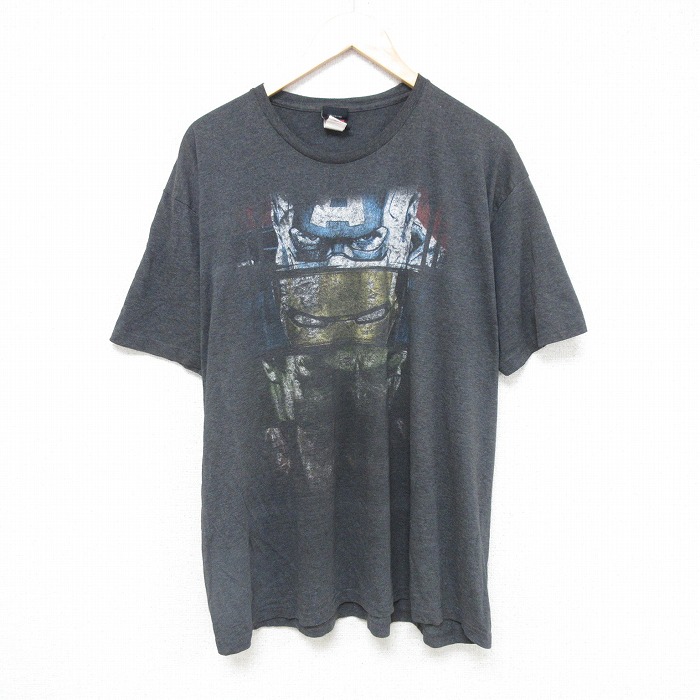 XL★古着 半袖 Tシャツ メンズ マーベル キャプテンアメリカ アイアンマン 大きいサイズ クルーネック 濃グレー 霜降り 25jul18 中古