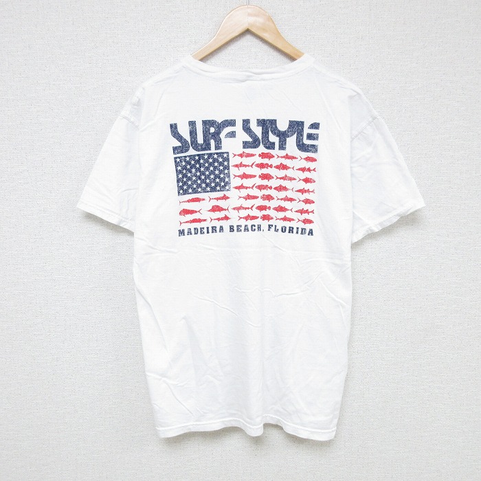 L★古着 サーフスタイル 半袖 Tシャツ メンズ 魚 コットン クルーネック 白 ホワイト 25jul18 中古