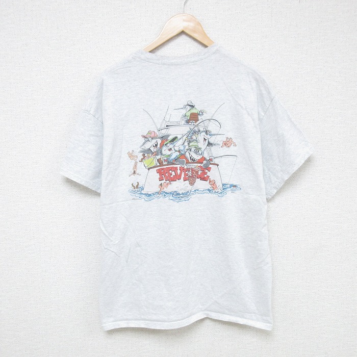 【50%OFF】XL★古着 半袖 Tシャツ メンズ 魚 クルーネック 薄グレー 霜降り 25jul18 中古