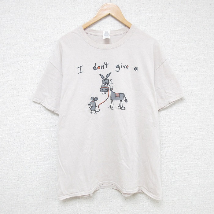 【20%OFF】XL★古着 半袖 Tシャツ メンズ ネズミ 馬 コットン クルーネック ベージュ カーキ 25jul18 中古