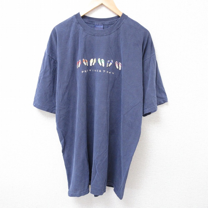 XL★古着 半袖 Tシャツ メンズ サンダル 刺繍 大きいサイズ ロング丈 コットン クルーネック 濃グレー 25jul24 中古