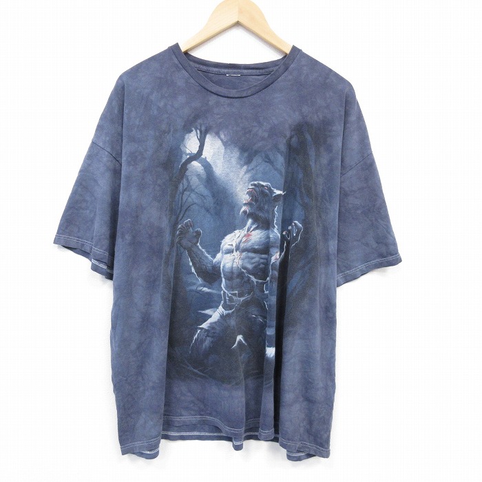 XL★古着 半袖 Tシャツ メンズ オオカミ男 大きいサイズ クルーネック 濃グレー タイダイ 25jul24 中古