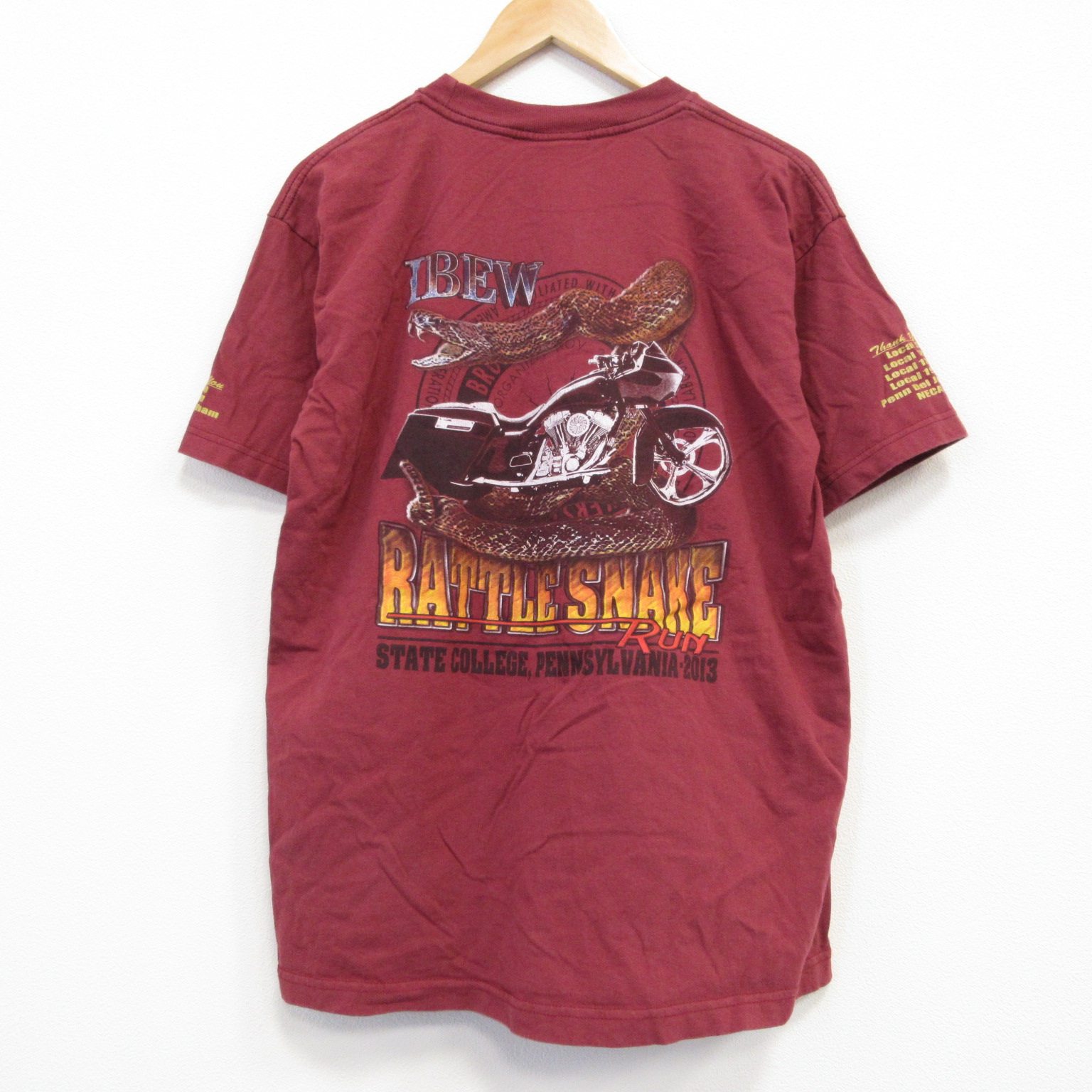 M★古着 半袖 Tシャツ メンズ バイク 胸ポケット付き コットン クルーネック USA製 エンジ 25jul19 中古