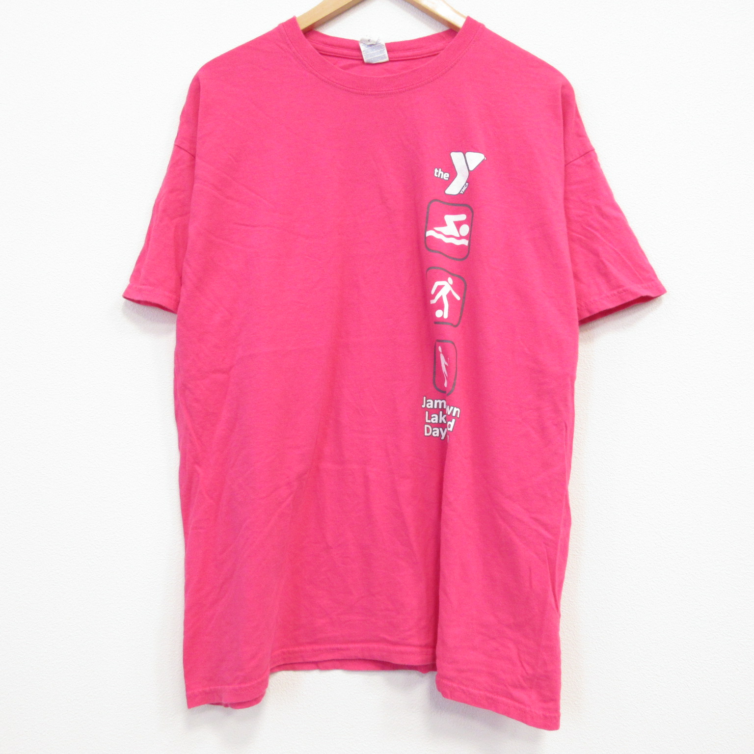 XL★古着 半袖 Tシャツ メンズ キャンプ コットン クルーネック 濃ピンク 25jul19 中古