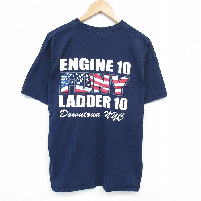 XL★古着 半袖 Tシャツ メンズ 消防署 コットン クルーネック 紺 ネイビー 25jul22 中古