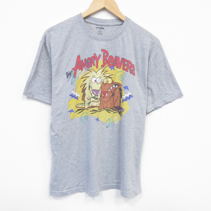 XL★古着 半袖 Tシャツ メンズ アニメ ニコロデオンアングリービーバーズ クルーネック グレー 霜降り 25jul22 中古