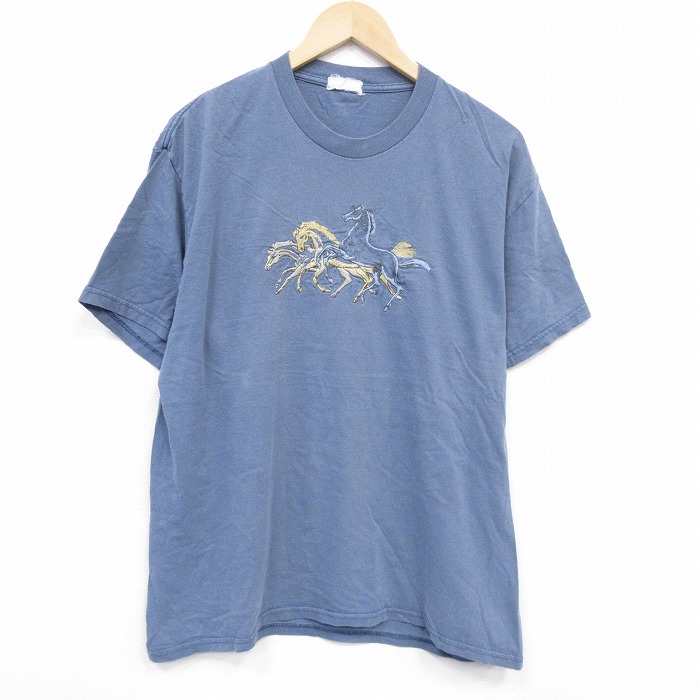 XL★古着 半袖 Tシャツ メンズ 馬 刺繍 クルーネック 薄紺 ネイビー 25jul22 中古