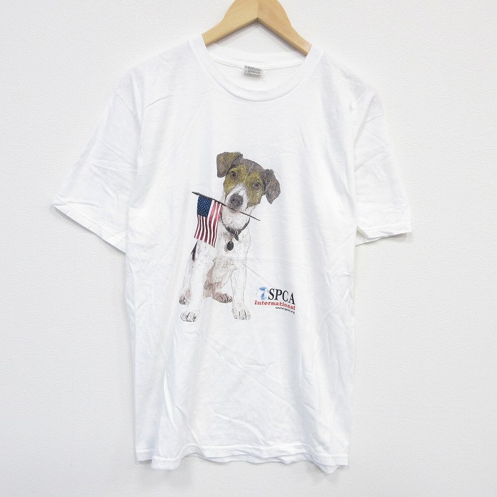 L★古着 半袖 Tシャツ メンズ 犬 コットン クルーネック 白 ホワイト 25jul22 中古