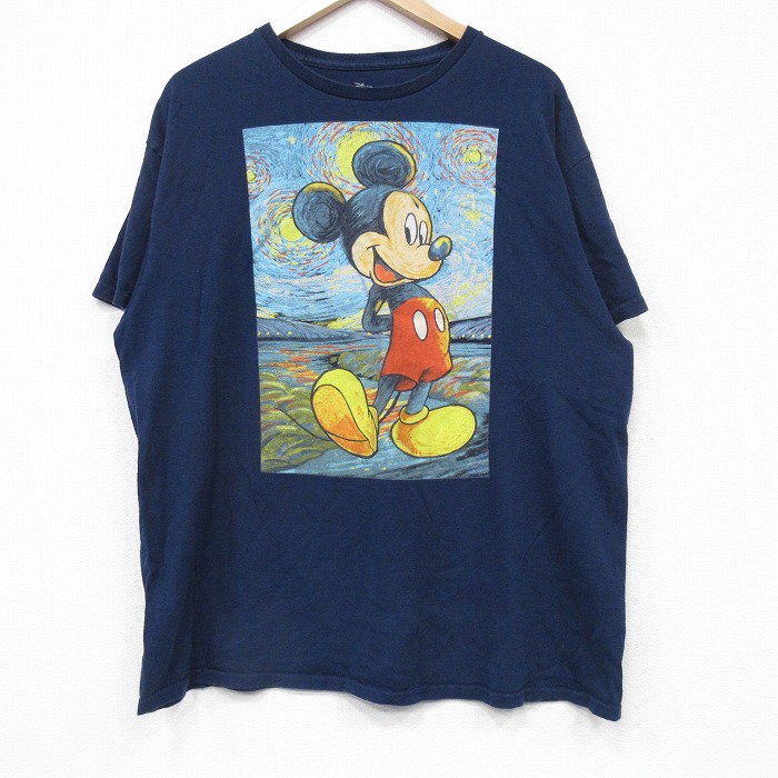 【50%OFF】XL★古着 半袖 Tシャツ メンズ ディズニー DISNEY ミッキー MICKEY MOUSE コットン クルーネック 濃紺 ネイビー 25jul22 中古