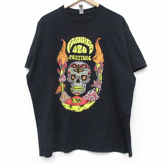 【20%OFF】XL★古着 半袖 Tシャツ メンズ スカル 企業広告 コットン クルーネック 黒 ブラック 25jul22 中古